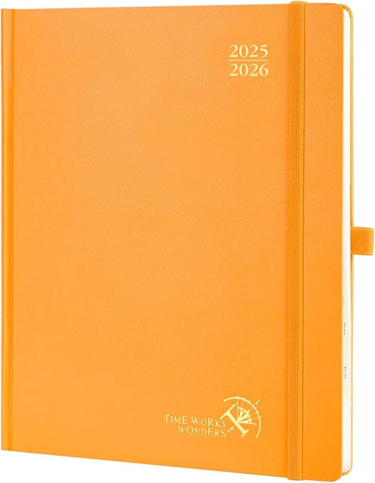 POPRUN Planner 2025-2026, (Large 8.5'' x 10.5'' Hard Cover) Academic Calendar (July 25-June 26) Daily Weekly and Monthly Appointment Book with Hourly Time Slots, Monthly Tabs, 100 GSM - Orange