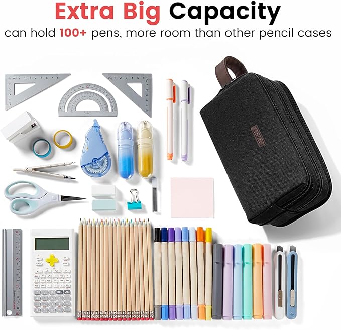 Sooez Large Pencil Case Pouch, Extra Big Pencil Pouch Pencil Bag with PU Handle & Zipper, Sturdy Pen Case with 3 Compartments, Aesthetic School College Supplies Organizer for Men Women Boys, Brown