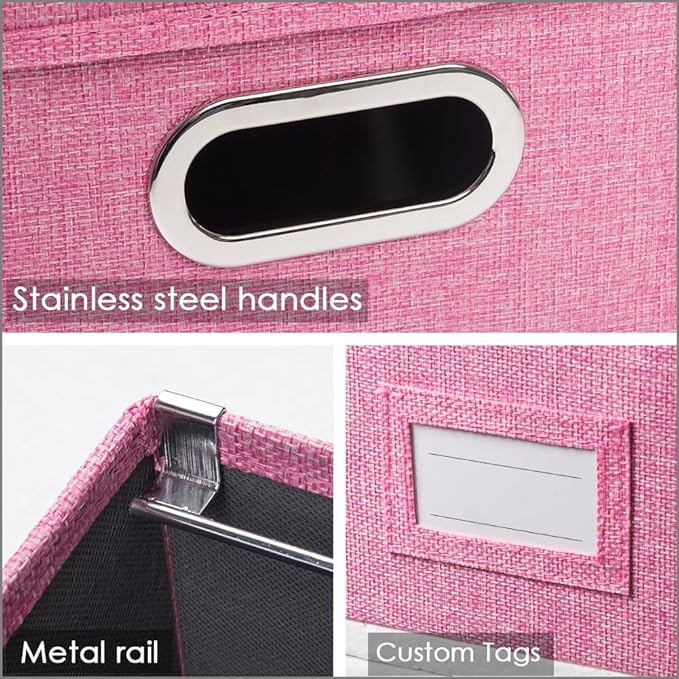 PRANDOM File Organizer Box - Set of 1 Collapsible Decorative Linen Filing Storage Hanging File Folders with Lids Office Cabinet Letter Size Pink (14x9.3x10.8 inch)