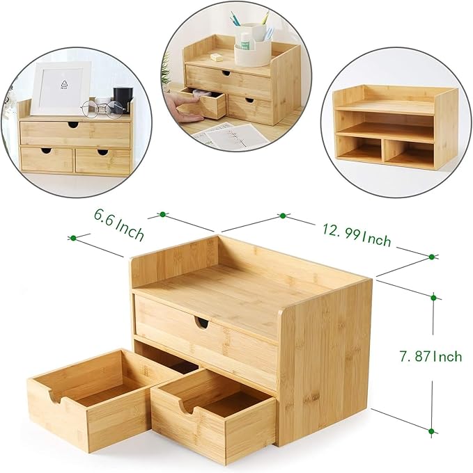 Desk Organizer with Drawers - Bamboo Desktop Organizers Storage | Wood Makeup Organizer for Bills, Office Supplies, Cosmetics, Seals, Kitchen Utensils, No Assembly Required
