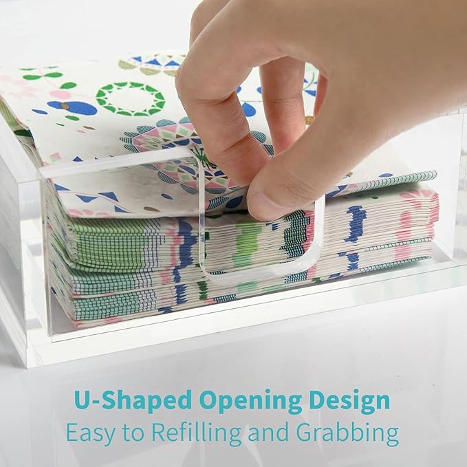 HIIMIEI Acrylic Napkin Holder for Table: Square Cocktail Napkin Dispenser, Flat Guest Towel Holder Tray, Disposable Hand Towel for Bathroom, Kitchen, Bar, Dinner, Party（Clear）