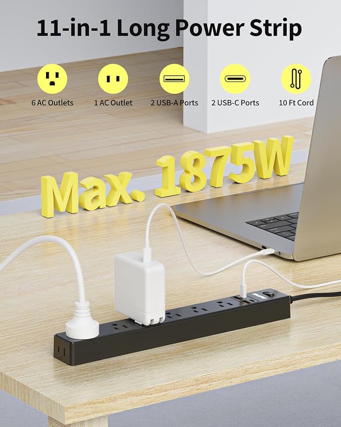 10 Ft Power Strip Surge Protector - 7 Outlets 4 USB Ports (2 USB C), Ultra Thin Flat Extension Cord & Flat Plug, 1700 Joules, Wall Mount, Desk Charging Station for Home Office Dorm, Black