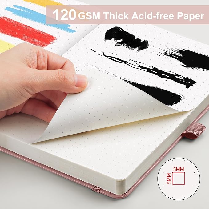 AHGXG Bullet Dotted Journal - Dot Grid Notebook Journal, 120 GSM Thick Acid-Free Paper, A5 Dotted Notebook 160 Pages, Leather Hardcover, Inner Pocket, Journal Stencil, 5.7'' × 8.3'' - Rose Gold