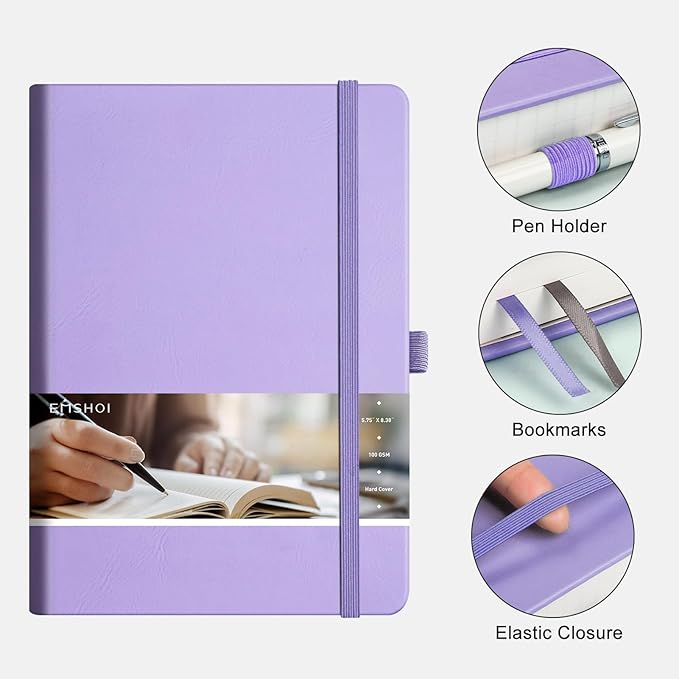 EMSHOI A5 College Ruled Notebook Journal- 400 Pages (200 sheets), 7mm Spacing & Vegan Leather Cover for Work, School, Bible Study, Bullet Journaling- with Sticky Notes, Pocket & Pen Hold- Purple