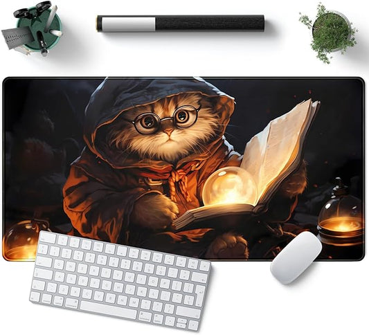 Magical Cat Desk Mouse Mat Black Vintage Desk Pad Playmat for MTG Large Mousepad Gaming Deskpad XXL Keyboard Mouse Pad Full Desktop Mat Desk Cover Mat for Work Office Home (31.5x15.7 in)