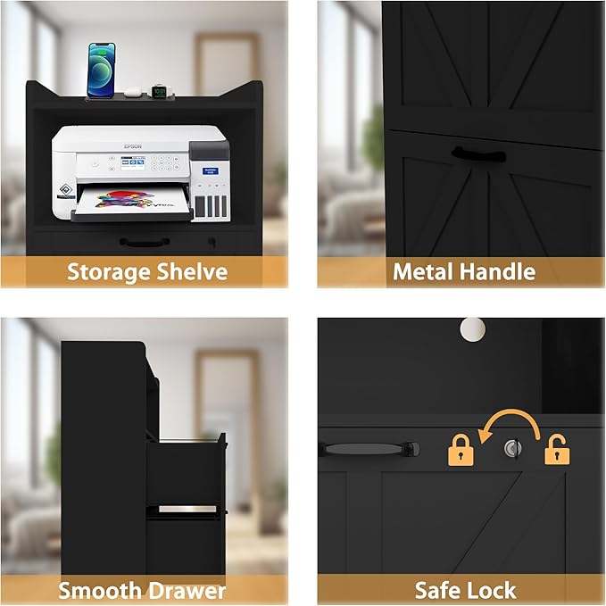 2 Drawer File Cabinet On Wheels & Charging Station, Wood Filing Cabinet with Lock & LED Light, Large Storage Printer Stand for Home Office, Black