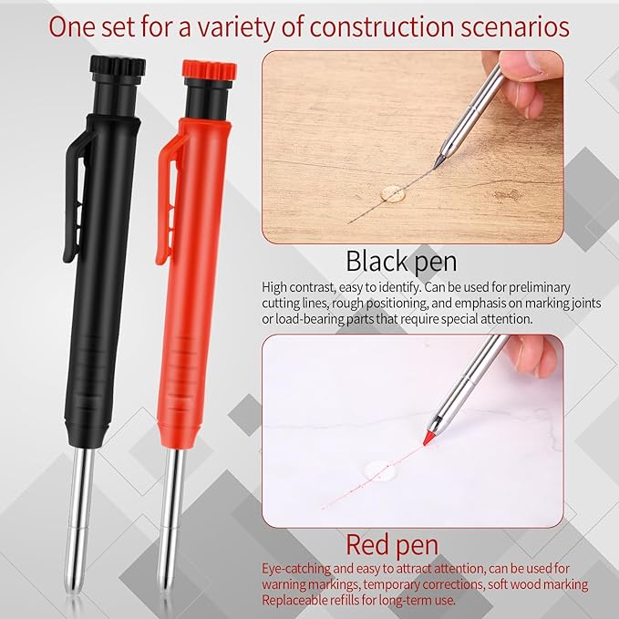 8 pack 2.8mm Mechanical Carpenter Pencils with 48 Refills, Construction Pencils with Built-in Sharpener, Long Nib Deep Hole Marker, Heavy Duty Woodworking Tools (Black+red)
