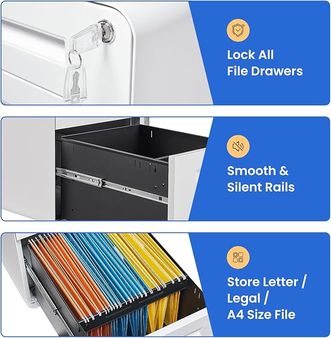 MIIIKO Mobile Filing Cabinet 3 Drawer, White Small File Cabinet with Lock Under Desk, Filing Cabinets for Home Office with Wheels, A4/Letter/Legal Hanging File Folders