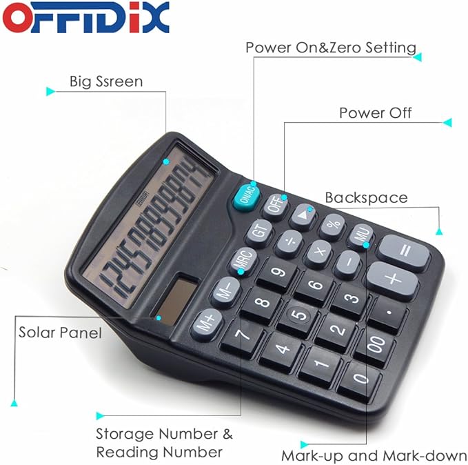 OFFDIX Office Desktop Calculator, Solar and Battery Dual Power Electronic Calculator Portable 12 Digit Large LCD Display Calculator