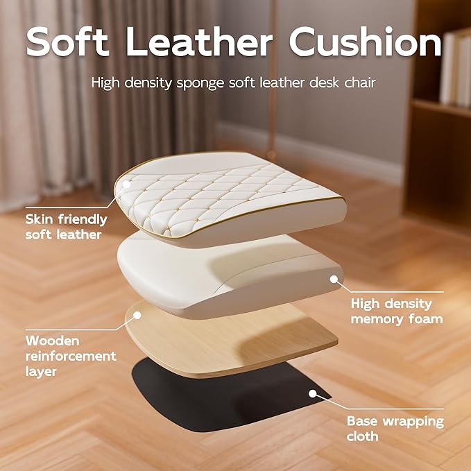 White and Gold Office Chair with Soft Leather Embroidery, Mid Back Vintage Swivel Executive Desk Chair with Wheels and Padded Arms, Adjustable Height