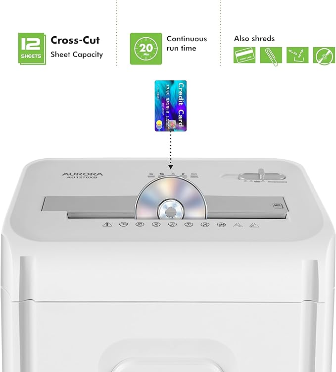 Aurora AU1270XB Professional Grade 12-Sheet Security P-4 Cross-Cut Paper and Credit Card/ 20 Minutes Continuous Run Time Shredder