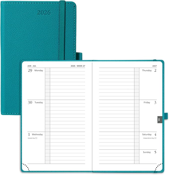 POPRUN Weekly Planner 2026 Calendar (Pocket 4'' x 6.25'') 12 Months Notebook with Horizontal Layout, Leather Hardcover, Inner Pocket, 100GSM Thick Paper, Pen Holder TJ - Pacific Green