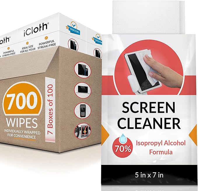 iCloth 70% Isopropyl Alcohol Large Screen and Electronics Wipes, Lint-Free, Streak-Free, Fast-Drying, Removes Dust and Fingerprints (700 Wipes)