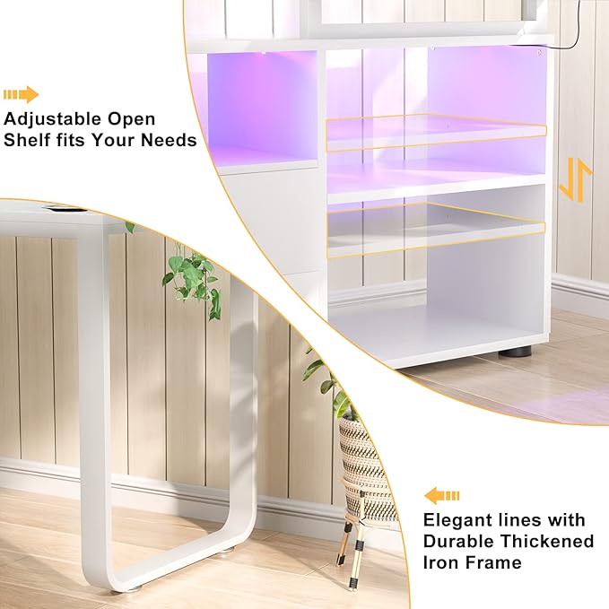 Homieasy L Shaped Desk with File Cabinet & Power Outlet, Reversible 55 Inch Large Corner Computer Desks with LED Strip, L-Shaped Desk with Drawers and Storage Shelves for Home Office, White