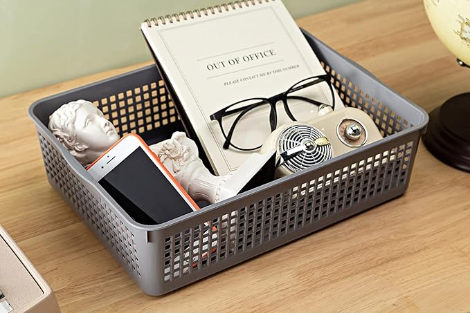 A4 Size Plastic Storage Basket,Desktop File Paper Letter Organizer Tray, 6-Packs (White+Grey)