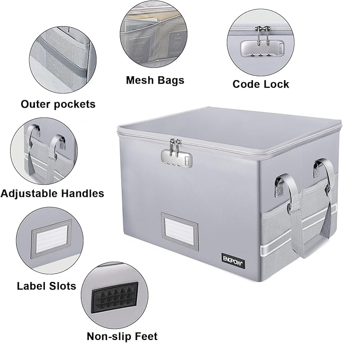 ENGPOW File Box with Lock, Fireproof Document Box with Zipper＆Pockets, Collapsible File Organizer Filing Storage Cabinet with Handle, Portable Home Office Safe for Hanging Letter/Legal Folder,Silver