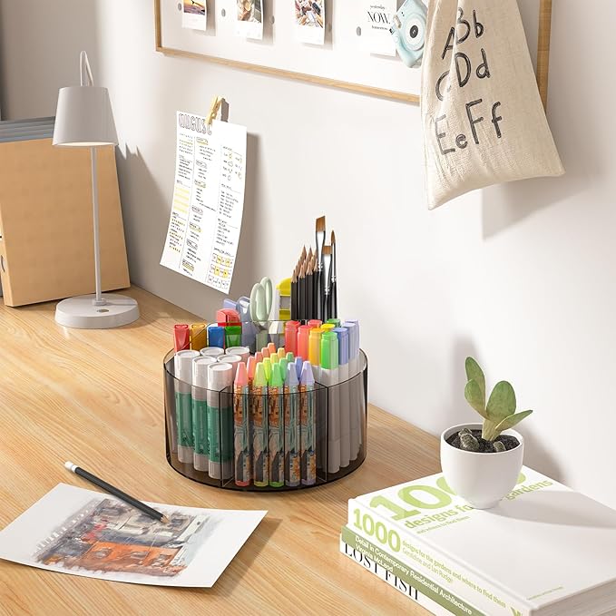 Acrylic Pen Organizer, 360 Degree Rotating Desk Organizer with 6 Compartments Crayon Holder for Office, School, Home, Art Supply, Grey