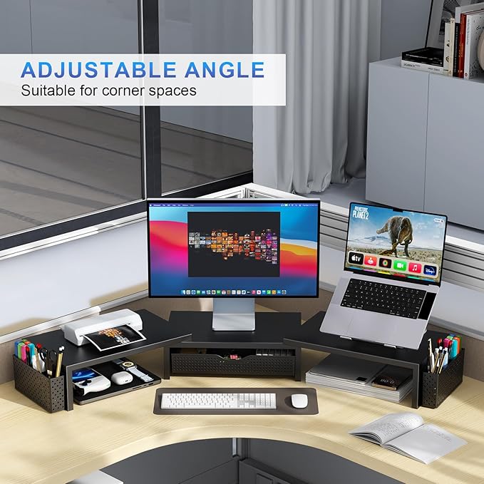 gianotter Dual Monitor Stand Riser, Desk Organizer With Drawer and 2 Pen Holders, Computer Monitor Stand, Desk Shelf for Top of Desk, Balck