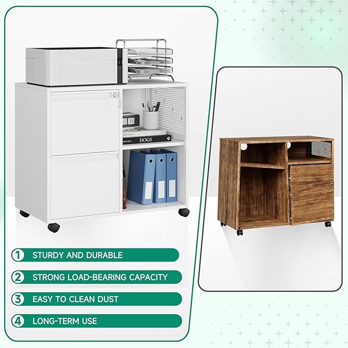 Letaya Mobile File Cabinet, Metal Lateral Rolling Printer Stand Filing Cabinets with Shelves for Home Office-Storage A4/F4/Letter (White)