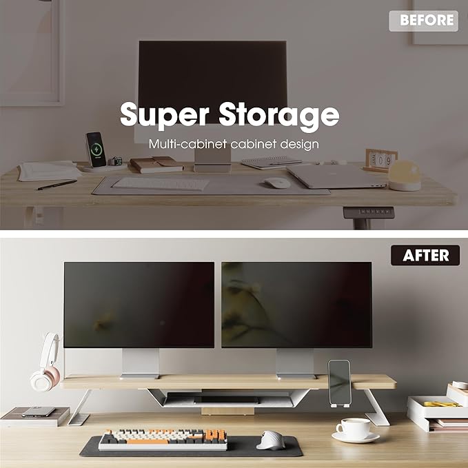 Fenge Dual Monitor Stand, 42.5 Inch Monitor Riser for Desk, Wood Desk Shelf for 2 Monitors, 2 Tier Monitor Shelf with Headphone Stand & Phone Holder