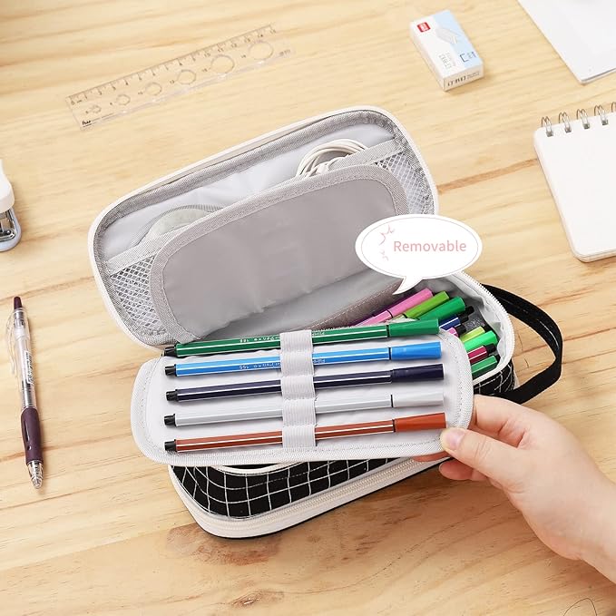 Large Pencil Case Zipper Pencil Pouch for Girls Boys Adults Kids Aesthetic Pencil Bag Organizer Big Capacity Pens Bag with Handle Portable for School Office Black-plaid