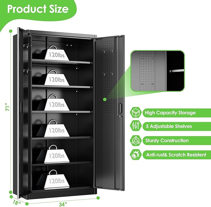 Aobabo Upgraded 71" H×34" W×18" D Metal Garage Storage Cabinet with Pegboards, Lockable Steel Cabinet with 5 Adjustable Shelves and 4 Hooks for Garage, Home, Office, Black,Assembly Required