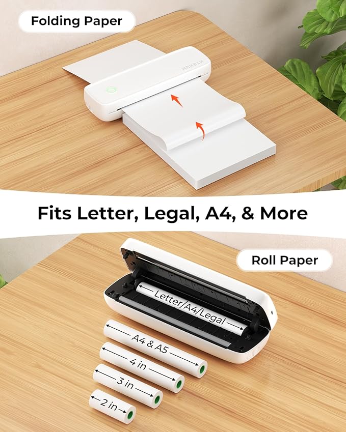 MUNBYN Portable Printers Wireless for Travel ITP04, Inkless Printer, Thermal Bluetooth Printer, Support 8.5x11&A4 Thermal Paper, Compatible with Android and iOS Phone & Laptop, Small Printers (White)