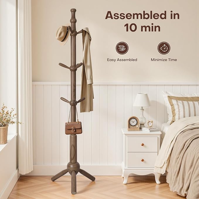 Wooden Coat Rack Stand - Coat Rack Freestanding with 9 Hooks, Adjustable Height, Clothes Hat Organizer, Heavy Duty Coat Hanger Stand for Bedroom, Entryway, Hallway, Office, Dorm, Walnut