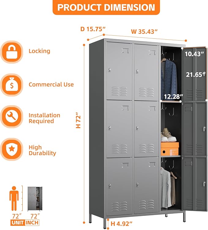 9 Doors Metal Locker with 27 Hooks and Business Card Holder,Metal Lockers for Employees with Ventilation Holes for School Office Gym Garage,Assembly Required,Dark Grey