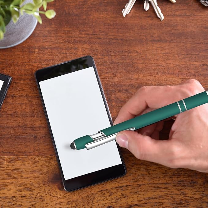 24 Pcs Blue Ink Ballpoint Pen with Stylus Tip 2 in 1 Ballpoint Pen 1.0 mm Blue Ink Metal Stylus Pen for Touch Screens Coworkers, Family, Colleagues, Office (Dark Green)