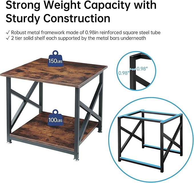 Large Printer Stand, 23.6 x 23.6 x 22.6 Inches Square Printer Table with Storage Shelf, 2 Tier Rolling Printer Cart with Industrial Wheels for Home Office - Rustic Brown