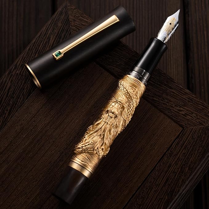 Hongdian N24 Fountain Pen Fine Nib, Golden Dragon Stereoscopic Carving with Red Wood Design