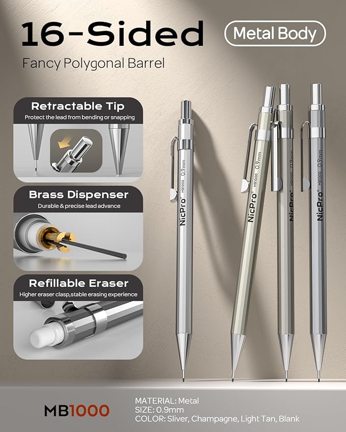 Nicpro 4 Pack Metal Mechanical Pencil Set 0.9mm, MB1000 Lead Drafting Pencil 0.9 mm with 8 Tube HB #2 Lead Refill, 3PCS 4B Eraser, 9 Cap Eraser for Artist Writing, Sketching, Drawing- Come with Case