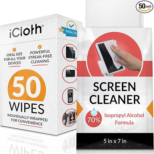 iCloth 70% Isopropyl Alcohol Large Screen and Electronics Wipes, Lint-Free, Streak-Free, Fast-Drying, Removes Dust and Fingerprints (50 Wipes)