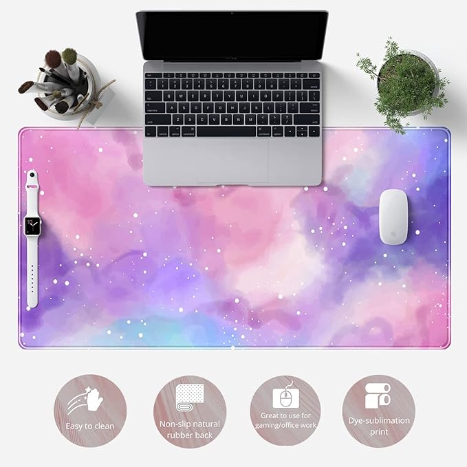 Desk Pad Purple Starry Sky Cute Gaming Mouse Pad Galaxy Gamer Girl Cute Pink Desk Decor Keyboard Desk Mat, Stitched Edges Desktop with Stitched Edges Non-Slip Large Computer Mat 31.5x15.7 in