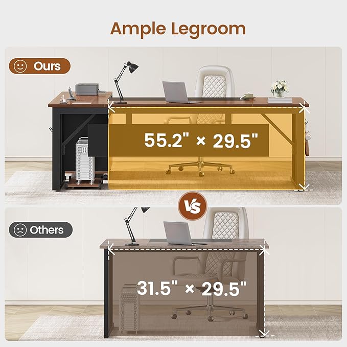 SEDETA 71" Executive Desk with Rolling File Cabinet, Large Office Desk with Drawers, L Shaped Computer Desk with Power Outlets, CPU Stand, Pegboard and Storage Shelves, Brown
