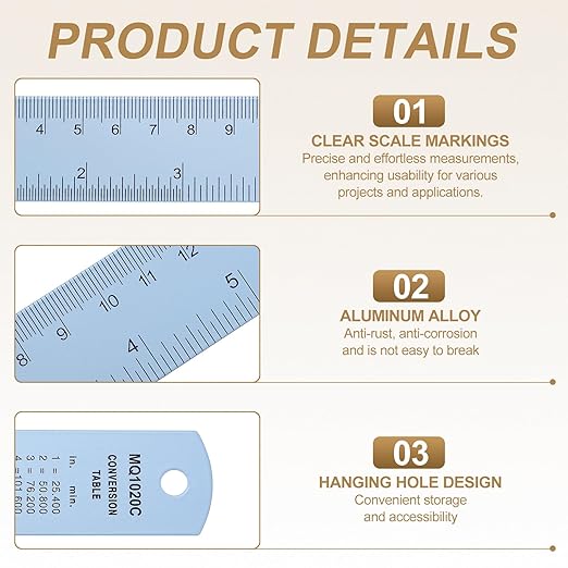 HARFINGTON 6pcs Metal Straight Ruler 30cm Metric SAE Aluminum Alloy Measuring Rulers Scale Tool with Hole for Measure Study Reading Classroom Office, Light Blue