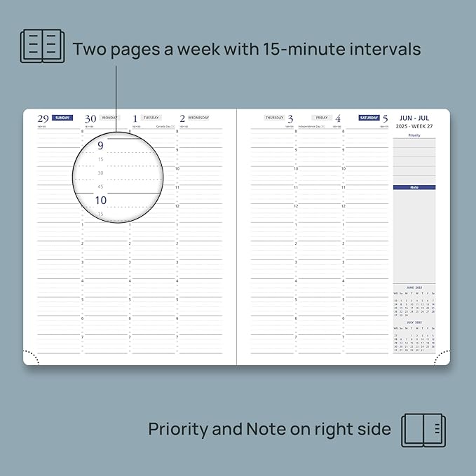 POPRUN Weekly Planner 2025-2026, 7.25'' x 8.5'', 15-Minute Hourly Appointment Book (July 2025-June 2026) with PU Leather Softcover, Monthly Tabs, Inner Pocket - Forest Green