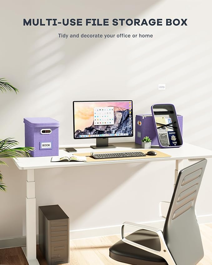 Oterri File Organizer Box with Lid, Hanging Filing File Box with Mesh Pocket, Document Organizer Box for Letter Files, Portable Storage Box with Smooth Sliding Rail for Office&Home (1 PCS, Lavender)