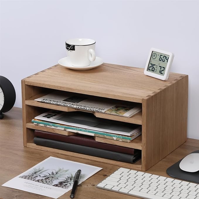 3-Tier Paper Storage Letter Tray File Sorter - Wood Desktop Document Organizer Holders with Mail Sorter, School & Home Magazine File Dividers, Book Rack Shelf Stand for HD-SJ3K (Light)