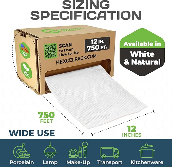 HexcelWrap Mini - Honeycomb Packing Paper, Eco-Friendly, Sustainable Paper Bubble Wrap for Shipping & Moving, Cushioned Packing Material in Dispenser - White, Pallet of 40, 12" x 750'