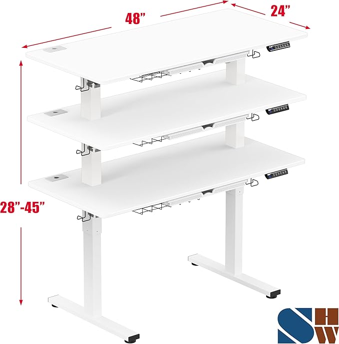 SHW 48-Inch Electric Height Adjustable Standing Desk with Drawer, Memory Preset and Cable Management Tray, White