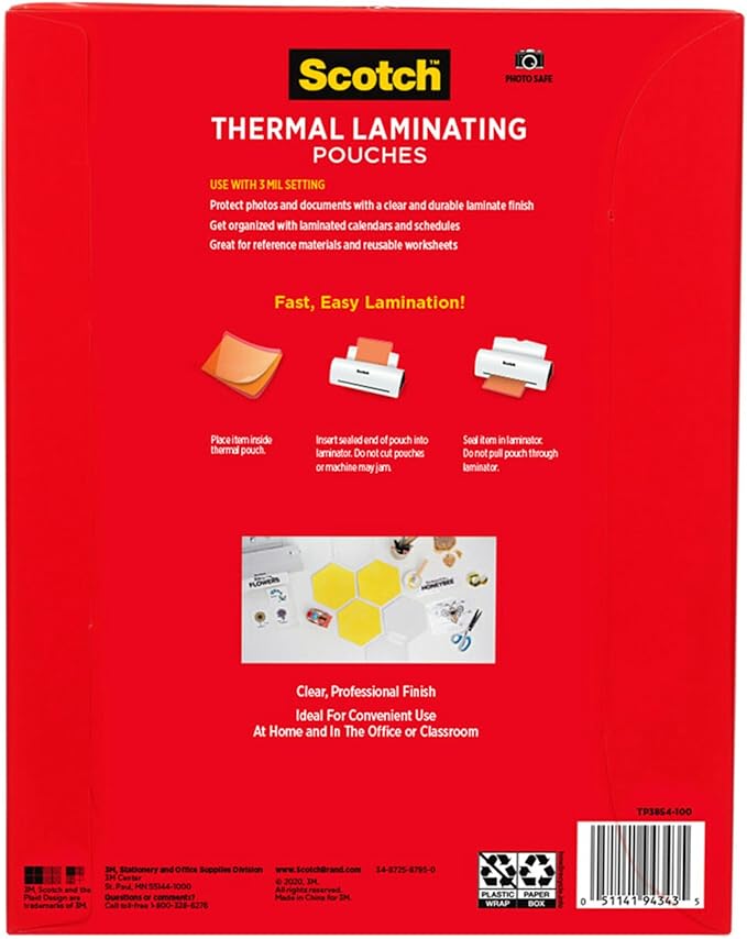 Scotch Thermal Laminating Pouches, for Use with Thermal Laminators, 8.9 x 11.4 Inches, Letter Size Sheets, 100-Pack