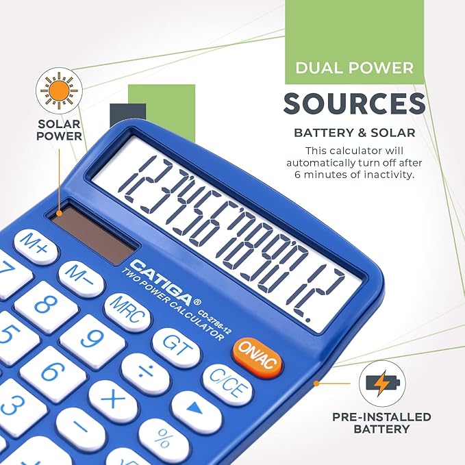 CATIGA Desktop Calculator (2 Pack) 12 Digit with Large LCD Display and Sensitive Button, Solar and Battery Dual Power, Standard Function for Office, Home, School, CD-2786 (Blue/Pink)