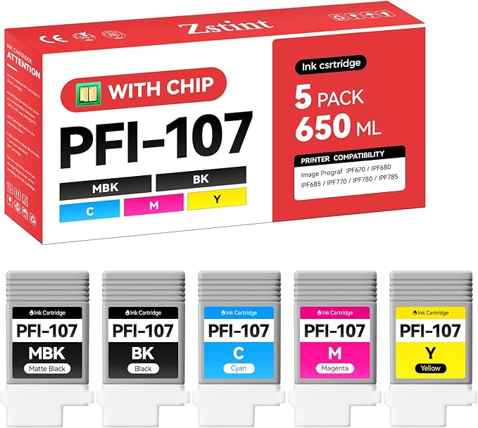 PFI-107 Ink Tank Set 5-Pack 130ml High Capacity Replacement for Canon PFI-107 PFI107 Ink Cartridges Compatible with Canon Color imagePROGRAF iPF670 iPF680 iPF685 iPF770 iPF780 iPF785 Inkjet Printer