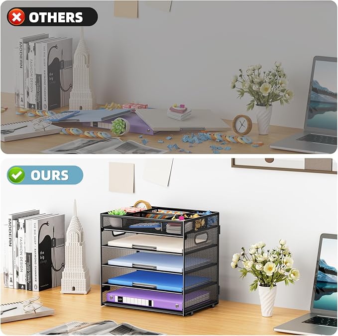 Marbrasse 5-Tier Letter Tray Paper Organizer with Handle, Multi-Functional Mesh File Organizer for Desk, Adjustable Compartments Mesh Desktop Storage for Office Supplies,Black