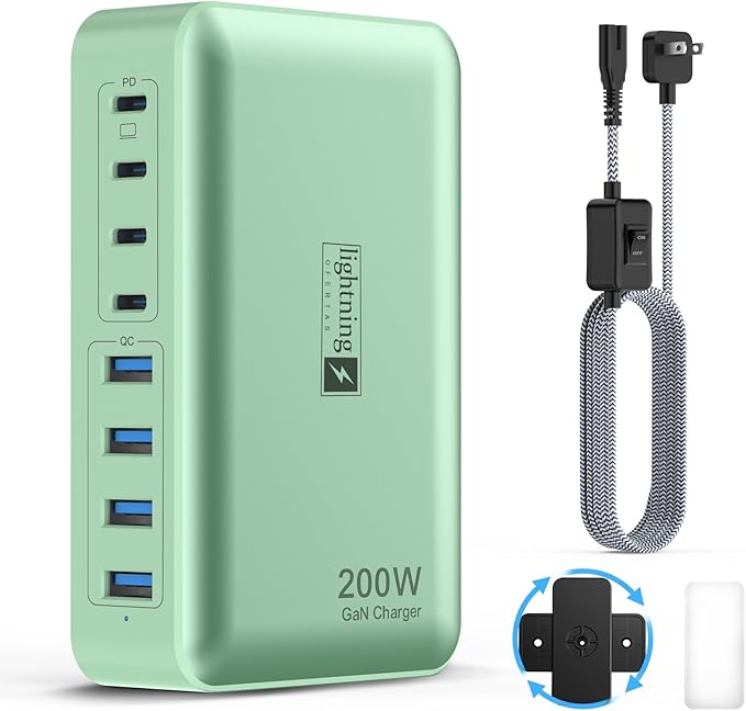 8-Port Multiple Charger Station 200W with Flat Plug, Braided Power Cord, and On/Off Switch- USB Charging Hub for iPhone, iPad, MacBook and More- 65W C Port Power Adapter for Laptops