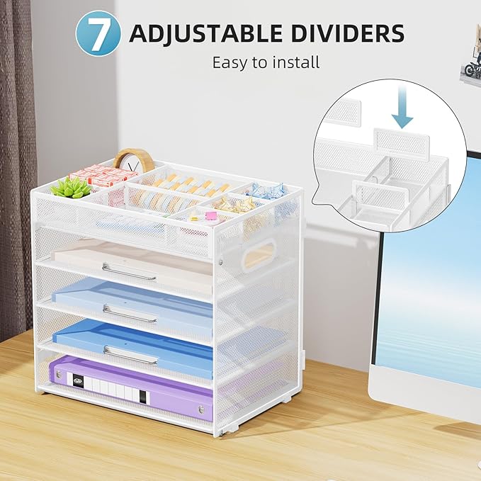 Marbrasse 5-Tier Letter Tray Paper Organizer with Handle, Multi-Functional Mesh File Organizer for Desk, Adjustable Compartments Mesh Desktop Storage for Office Supplies,White