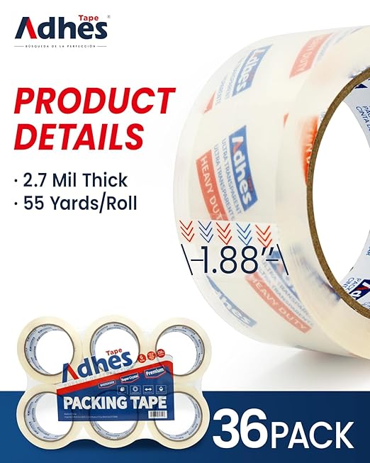 ADHES Super Clear Packing Tape, 36 Rolls x 1.88 Inch x 55 Yards, 2.7 mil Heavy Duty Shipping Tape Strong & Durable Package Tape for Shipping, Moving, Mailing and Sealing