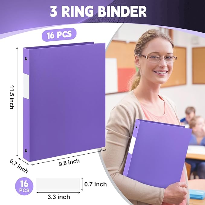 Henoyso 16 Pcs 3 Ring Binder 1/2'' Round Fits Letter Size 8. 5'' x 11'' Paper Plastic Flexible Binder Holds 100 Sheets with 1 Pockets Versatile Organizer for Office Home School (Purple)